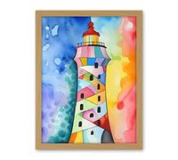 Artery8 Lighthouse Concept With Rainbow Colour Sky Folk Art Watercolour Painting Artwork Framed Wall Art Print 18X24 Inch