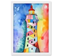 Artery8 Lighthouse Concept With Rainbow Colour Sky Folk Art Watercolour Painting Artwork Framed Wall Art Print A4 in White Artery8 White