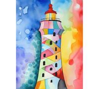 Artery8 Lighthouse Concept With Rainbow Colour Sky Folk Art Watercolour Painting Extra Large XL Wall Art Poster Print