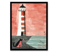 Lighthouse Guard Dog Lover Pastel Colour Painting Framed Wall Art Artery8 Pink A4