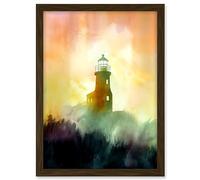 Artery8 Lighthouse in the Fog Watercolour Painting Soft Atmospheric Light Coastal Landscape Artwork Framed A3 Wall Art Print