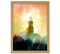 Artery8 Lighthouse in the Fog Watercolour Painting Soft Atmospheric Light Coastal Landscape Artwork Framed Wall Art Print A4