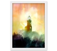 Artery8 Lighthouse in the Fog Watercolour Painting Soft Atmospheric Light Coastal Landscape Artwork Framed Wall Art Print A4