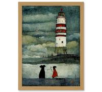 Artery8 Lighthouse Keeper's Dog Quirky Grunge Artwork Framed Wall Art Print A4 in Light Oak Artery8 Light Oak