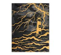 Lighthouse Lightning Storm Gold Contrast Painting Wall Art Print Artery8 Black W24 inch x H32 inch