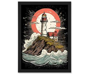 Artery8 Lighthouse on a Cliff Crushing Waves Below Rockabilly Americana 50s Artwork Framed A3 Wall Art Print