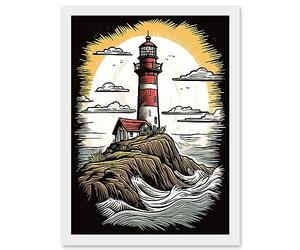 Artery8 Lighthouse on Cliff Old School USA Tattoo Ink Body Rockabilly Americana 50s Artwork Framed Wall Art Print A4
