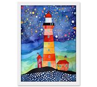 Artery8 Lighthouse On Starry Night Folk Art Watercolour Painting Artwork Framed A3 Wall Art Print