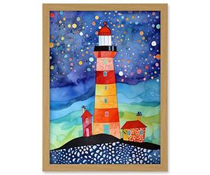 Artery8 Lighthouse On Starry Night Folk Art Watercolour Painting Artwork Framed A3 Wall Art Print