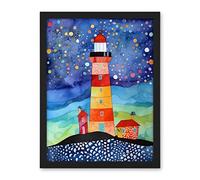 Artery8 Lighthouse On Starry Night Folk Art Watercolour Painting Artwork Framed Wall Art Print 18X24 Inch