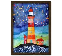 Artery8 Lighthouse On Starry Night Folk Art Watercolour Painting Artwork Framed Wall Art Print A4 in Brown Artery8 Brown