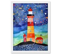 Artery8 Lighthouse On Starry Night Folk Art Watercolour Painting Artwork Framed Wall Art Print A4 in White Artery8 White