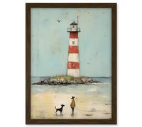 Artery8 Lighthouse Pastel Colour Painting Bathroom Artwork Red Blue Ochre Boy and Pet Dog Beach Walk Artwork Framed A3 Wall Art Print