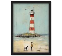 Wall Art Print Lighthouse Pastel Colour Painting Bathroom Artwork Red Blue Ochre Boy and Pet Dog Beach Walk Artwork Framed A4 Artery8 Black A4