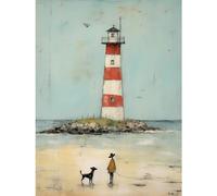 Artery8 Lighthouse Pastel Colour Painting Bathroom Artwork Red Blue Ochre Boy and Pet Dog Beach Walk Extra Large XL Wall Art Poster Print