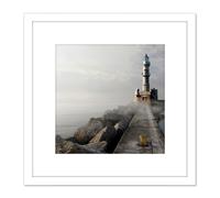Artery8 Lighthouse Pier Misty Ocean Photo 8X8 Inch Square Wooden Framed Wall Art Print Picture with Mount in White Artery8 White