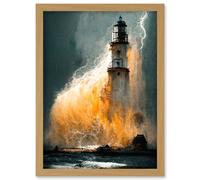 Artery8 Lighthouse Storm French Coastline Lightning Hurricane Artwork Framed Wall Art Print A4 in Light Oak Artery8 Light Oak