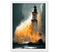 Artery8 Lighthouse Storm French Coastline Lightning Hurricane Artwork Framed Wall Art Print A4 in White Artery8 White
