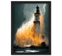 Artery8 Lighthouse Storm French Coastline Lightning Hurricane Wall Art Print - A4 Size