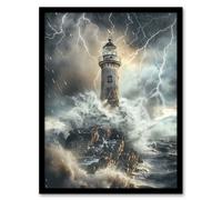 Artery8 Lighthouse Thunderstorm Sea Crushing Waves Living Room Artwork Framed Wall Art Print A4