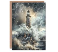 Artery8 Lighthouse Thunderstorm Sea Crushing Waves Greeting Birthday Card Him Her All Blank