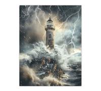 Artery8 Lighthouse Thunderstorm Sea Crushing Waves Wall Art Print in Grey | Size: W24" x H32" Artery8 Grey W24" x H32"