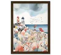 Artery8 Lighthouses On Multicoloured Pebble Beach Watercolour Painting Artwork Framed A3 Wall Art Print