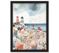 Artery8 Lighthouses On Multicoloured Pebble Beach Watercolour Painting Artwork Framed Wall Art Print A4 in Black Artery8 Black