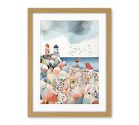 Artery8 Lighthouses On Multicoloured Pebble Beach Watercolour Painting Artwork Framed Wall Art Print 18X24 Inch