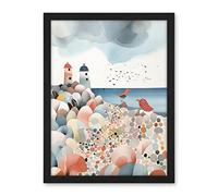 Artery8 Lighthouses On Multicoloured Pebble Beach Watercolour Painting Artwork Framed Wall Art Print 18X24 Inch