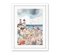 Artery8 Lighthouses On Multicoloured Pebble Beach Watercolour Painting Artwork Framed Wall Art Print 18X24 Inch