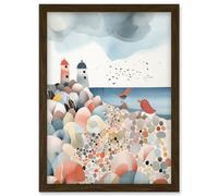Artery8 Lighthouses On Multicoloured Pebble Beach Watercolour Painting Artwork Framed Wall Art Print A4 in Brown Artery8 Brown