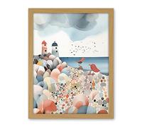 Artery8 Lighthouses On Multicoloured Pebble Beach Watercolour Painting Artwork Framed Wall Art Print 18X24 Inch