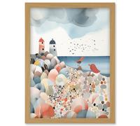 Artery8 Lighthouses On Multicoloured Pebble Beach Watercolour Painting Artwork Framed Wall Art Print A4 in Light Oak Artery8 Light Oak