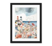 Artery8 Lighthouses On Multicoloured Pebble Beach Watercolour Painting Artwork Framed Wall Art Print 18X24 Inch