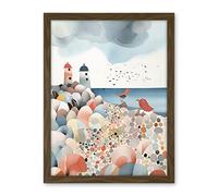 Artery8 Lighthouses On Multicoloured Pebble Beach Watercolour Painting Artwork Framed Wall Art Print 18X24 Inch