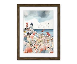 Artery8 Lighthouses On Multicoloured Pebble Beach Watercolour Painting Artwork Framed Wall Art Print 18X24 Inch