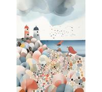 Artery8 Lighthouses On Multicoloured Pebble Beach Watercolour Painting Extra Large XL Wall Art Poster Print