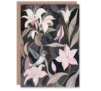 Artery8 Greeting Card Lily Flowers and Hummingbird Stylised Painting For Her Woman Birthday Card