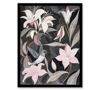 Artery8 Lily Flowers and Hummingbird Stylised Painting Living Room Artwork Framed Wall Art Print A4