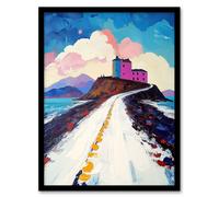 Artery8 Lindisfarne Island in Winter Colourful Coastal Framed Art Print in Blue | Size: A4 Artery8 Blue A4