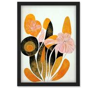 Artery8 Linocut Boho Flowers In Autumn Pastel Brown Orange Modern Abstract Artwork Framed Wall Art Print A4 in Black Artery8 Black