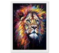 Artery8 Lion Head Oil Painting Rainbow Colour Mane Hair Vibrant Portrait Artwork Framed A3 Wall Art Print