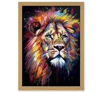 Artery8 Lion Head Oil Painting Rainbow Colour Mane Hair Vibrant Portrait Artwork Framed A3 Wall Art Print