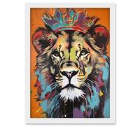 Artery8 Lion Wearing Crown Jungle King Animal Portrait Artwork Framed Wall Art Print A4