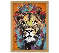 Lion Wearing Crown Jungle King Animal Portrait Artwork Framed Wall Art Print A4 Artery8 Light Oak One Size