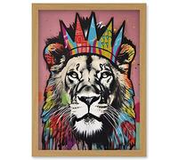 Artery8 Lion with Crown King of the Jungle Modern Pop Art Artwork Framed Wall Art Print A4 in Light Oak Artery8 Light Oak