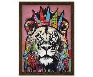 Artery8 Lion with Crown King of the Jungle Modern Pop Art Artwork Framed Wall Art Print A4