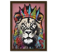 Artery8 Lion with Crown King of the Jungle Modern Pop Art Artwork Framed Wall Art Print A4