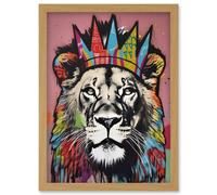 Artery8 Lion with Crown King of the Jungle Modern Pop Art Artwork Framed Wall Art Print A4